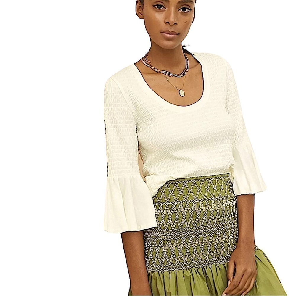 ANTHROPOLOGIE Cream Smocked Bell Sleeve Top Size Small